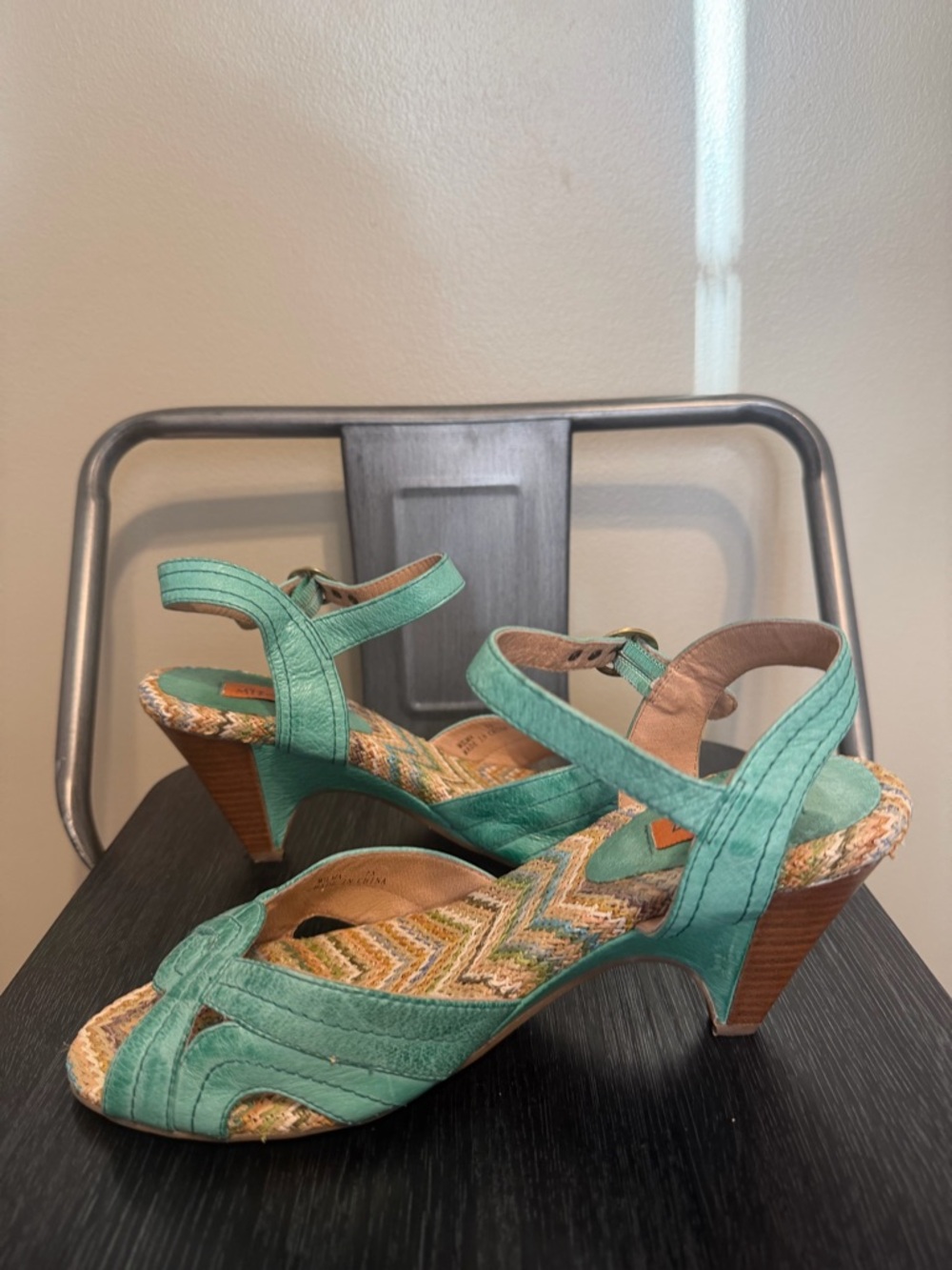 Miz Mooz Mint Green Leather Boho Heels 7.5 Woven Footbed Sandals - Picture 5 of 13